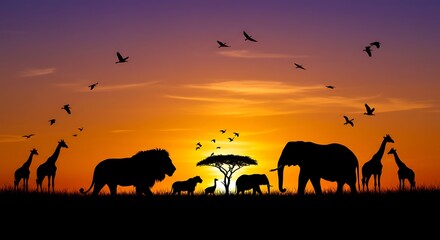African Silhouette Sunset Animals and Birds in Golden Light, Giraffes, Lions, Elephants under a Dramatic Sky