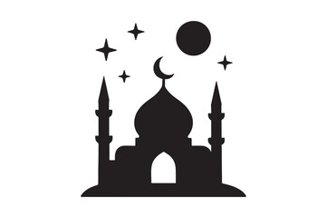 mosque at midnight silhouette vector art illustration on white background