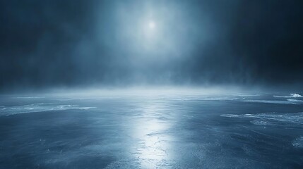 Frozen Landscape with Fog and a Glimmering Horizon in Cold Blue Tones