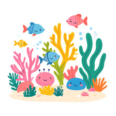 Cute cartoon underwater scene with smiling fish, a pink crab, and colorful corals.