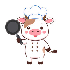 Fototapeta premium Charming cartoon cow chef with a brown spot, wearing a toque and holding a frying pan.