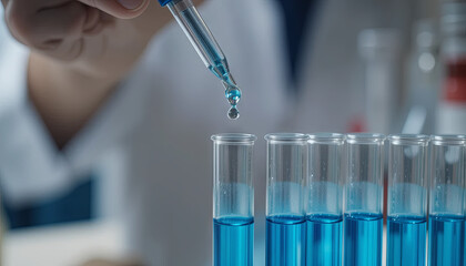 A scientist carefully transfers a blue liquid using a pipette into multiple test tubes lined up in a laboratory. The setting is bright and organized, indicating focused research work