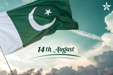 Pakistani Flag on Independence Day: A vibrant depiction of the Pakistani flag waving proudly against a backdrop of a clear, bright sky, celebrating the nation's freedom and national pride.