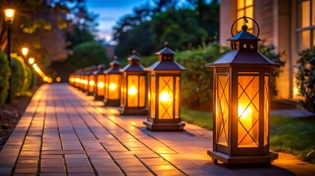 Pathway lined with lit lanterns at dusk, leading into the distance, illuminating a brick path with warm glow. Architecture visible
