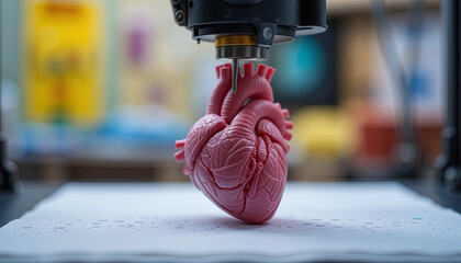 A detailed 3D printed heart model is being created in a laboratory, highlighting innovative technology used in medical education and research during a daytime session