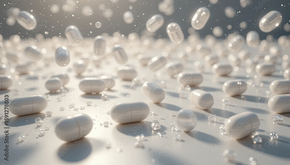 Poster white capsules are scattered across a smooth surface, illuminated by soft light, creating a serene a