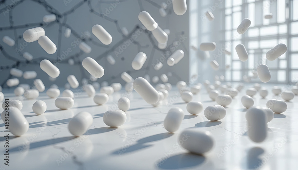 Poster a collection of white capsules is suspended in mid-air above a shiny surface. soft sunlight filters 