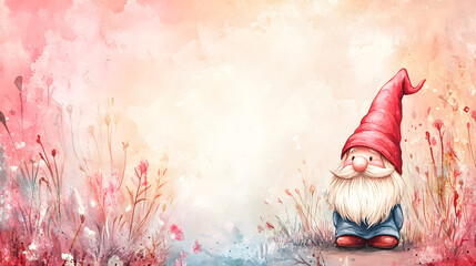 Watercolor Illustration of a cheerful Gnome in a red hat surrounded by delicate floral elements , warm pastel colors with space for text. For seasonal cards, prints. Background for decorative designs.