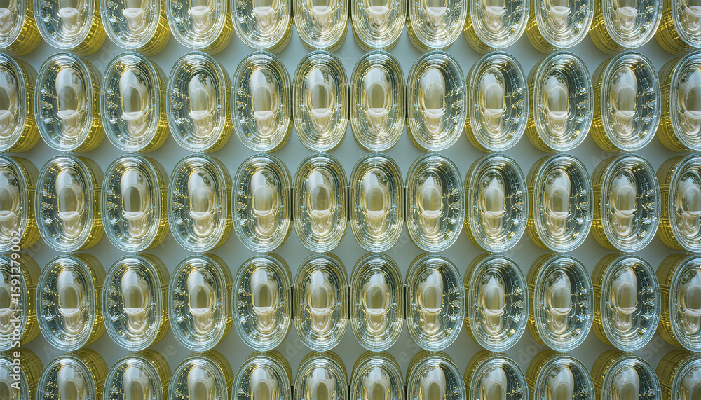 Poster a pattern of metallic containers is showcased, lined up in orderly rows. the reflections on the surf