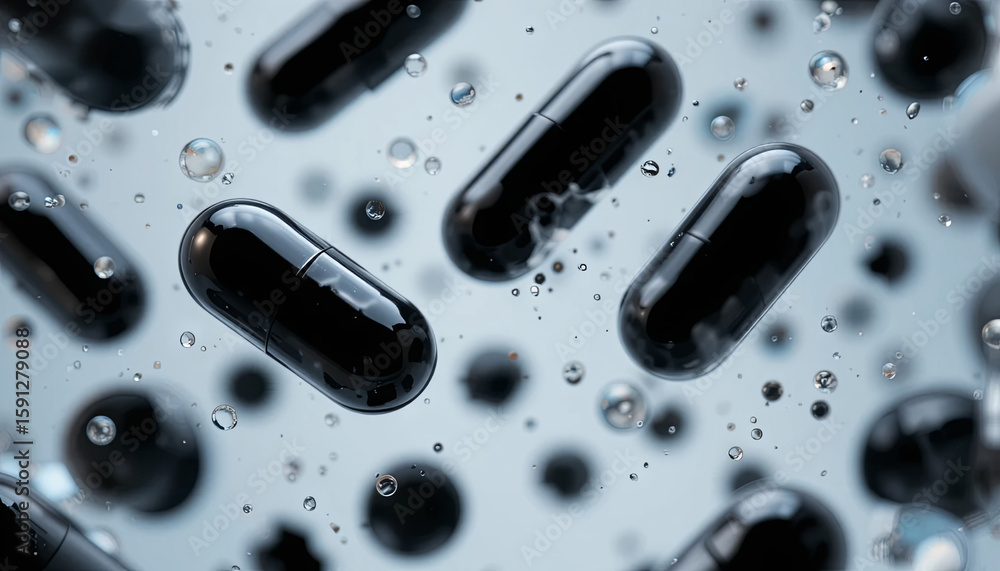Poster floating black capsules surrounded by water droplets create a striking visual effect. the dynamic mo