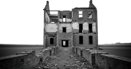 Ruined brick building with empty window frames stands amidst rubble isolate