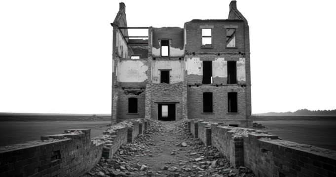 Ruined brick building with empty window frames stands amidst rubble isolate
