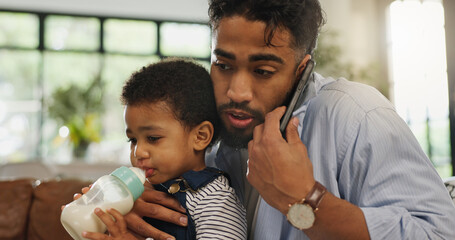 Dad, business or phone call with baby for multitasking, busy discussion or overworked in home....