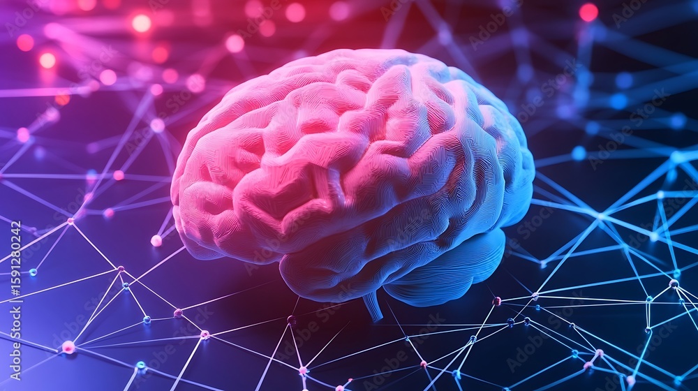 Poster human brain model with neural network connection points and data flow