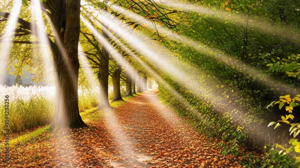 Poster sunlight streams through the trees along a forest path covered in autumn leaves