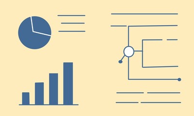 Business strategy and project planning diagrams. A minimalist illustration of a workflow, performance charts, and market research data.