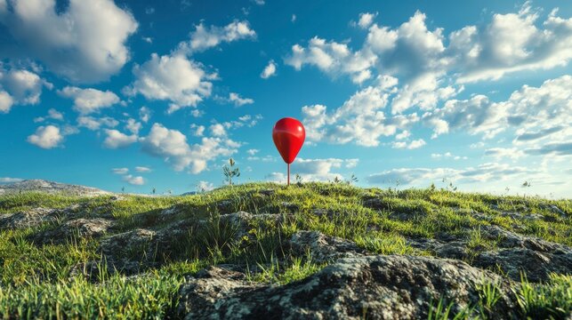 Red balloon on a hilltop under a blue sky with fluffy clouds. - Powered by Adobe