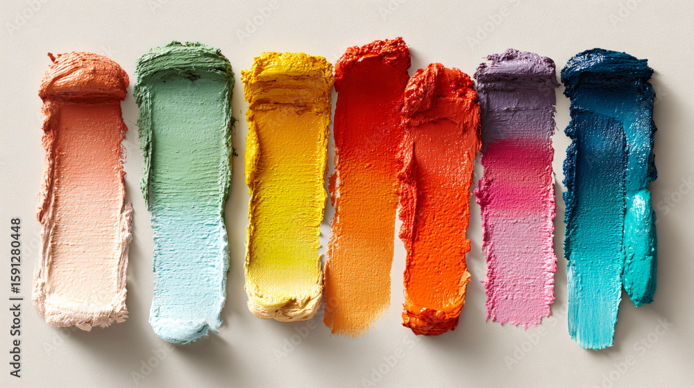 Poster multiple colorful oil paint strokes creating a spectrum. artistic texture and abstract background on