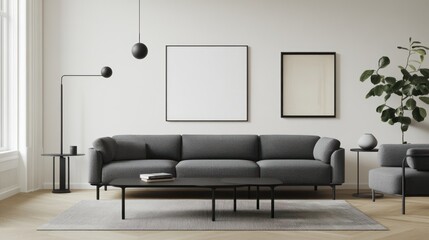 Modern living room interior design featuring a gray sofa and minimalist decor.