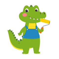 Obraz premium Cute green crocodile character in blue overalls, smiling and holding a yellow paint roller.