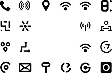 Solid Black Simple Communication and Connectivity Icons Set on White Background