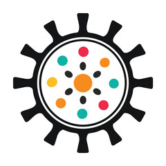 Obraz premium Black gear wheel with colorful dots and abstract shapes on white background mechanical industry