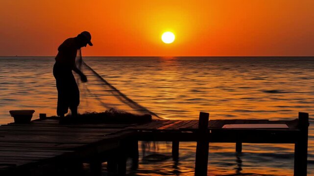 A silhouette of a fisherman casting nets at sunset over the ocean.