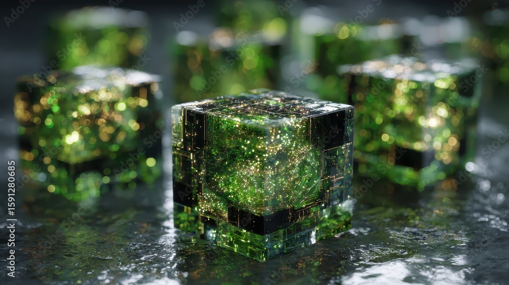 Poster geometric green cube with circuit details and blurred bokeh background. it can illustrate technologi