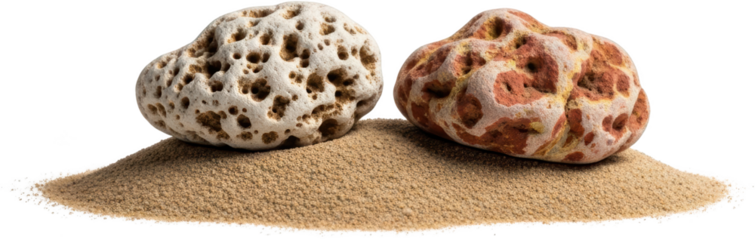 Two textured stones with holes resting on a pile of sand rocks porous holey transparent background