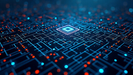 Top-down view of a futuristic maze-shaped circuit board with glowing lines, visualizing the logic behind crypto mining, encryption, and blockchain processes in an abstract technology-inspired design