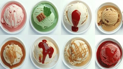 Variety of delicious ice cream scoops with different toppings. Perfect for a refreshing summer treat.