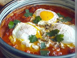 Delicious shakshuka, a breakfast or brunch dish. Eggs poached in a savory tomato sauce.