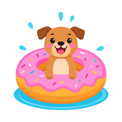 Fototapeta premium Joyful cartoon puppy floating in a pink donut swim ring with colorful sprinkles.