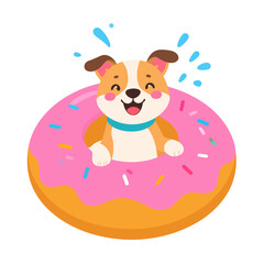 Fototapeta premium Happy cartoon corgi dog splashing in a pink donut inflatable float ring with colorful sprinkles.