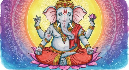 Elephant-Headed Humanoid in Meditative Pose on Lotus Pedestal – Intricate Jewelry, Mandala Background, Glowing Aura, Colorful Fantasy Spiritual Concept Art, Highly Detailed and Symmetrical