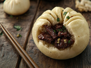 Delicious steamed bun with savory meat filling. Freshly prepared, traditional Asian cuisine.
