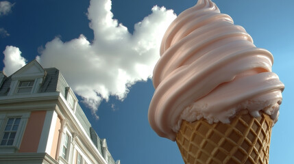 Giant pink ice cream cone against a clear blue sky. A grand building stands under fluffy white clouds.