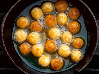 Golden sweet doughnuts frying in hot oil within a dark pot. Creating a delicious, traditional fried dessert at home.