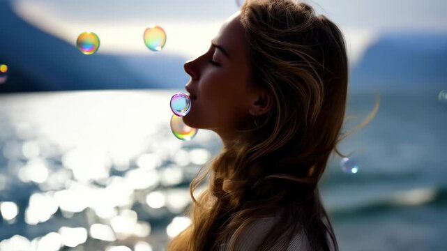 A woman blows soap bubbles while enjoying the serenity by the water. The scene is captured with beautiful soft light