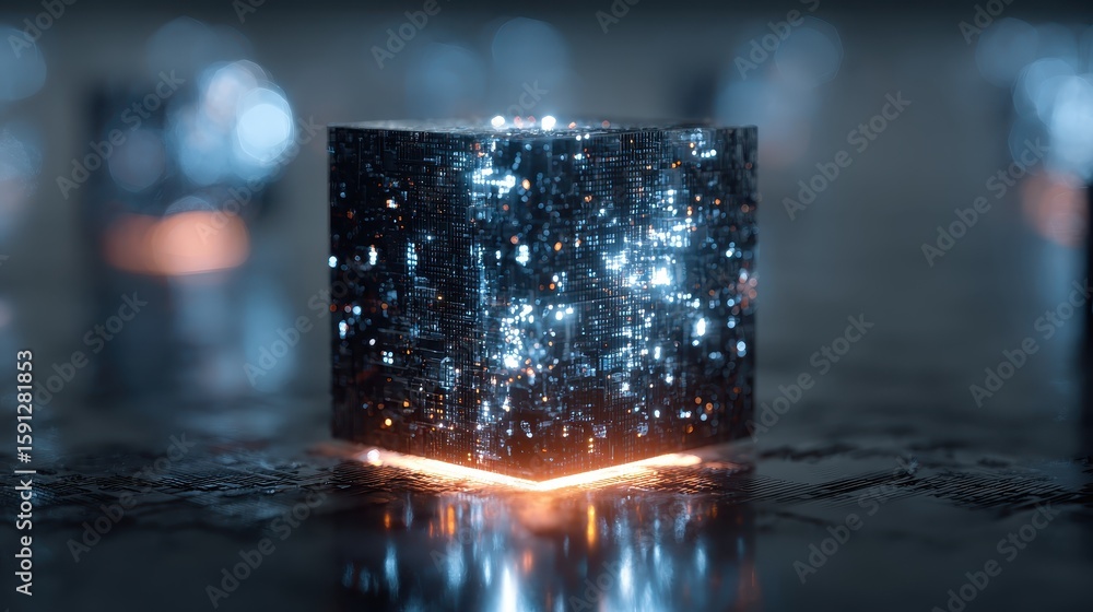 Poster glowing cube with a circuit board design, resting on a textured surface. use it to illustrate high-t