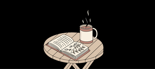 Coffee Cup and Open Book On Table illustration,