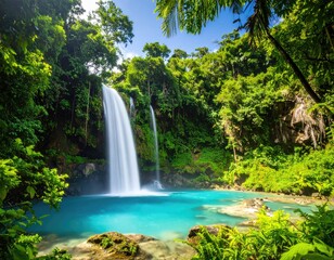 Lush waterfall cascading into a vibrant turquoise pool, surrounded by dense tropical foliage (1)