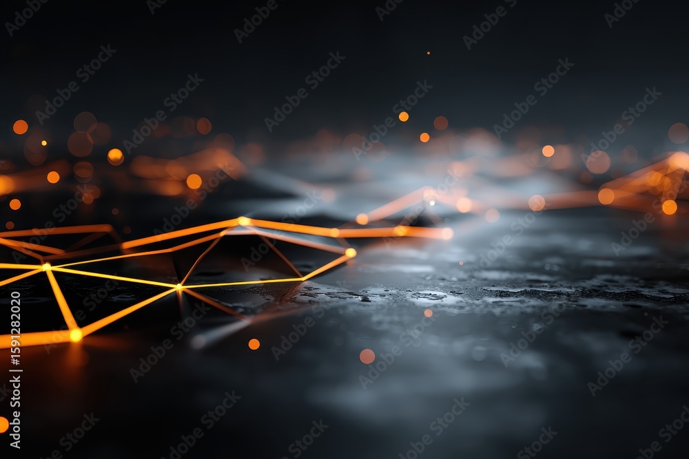 Poster orange lines connect on a dark surface, with bokeh points fading back. use for tech, future concepts