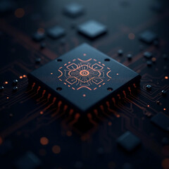 Zero-knowledge patterned AI microchip with glowing details on dark matte background, futuristic symmetrical design,crypto mining , Privacy chip