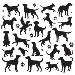 Set of black dog silhouettes in various breeds and poses simple vector illustration