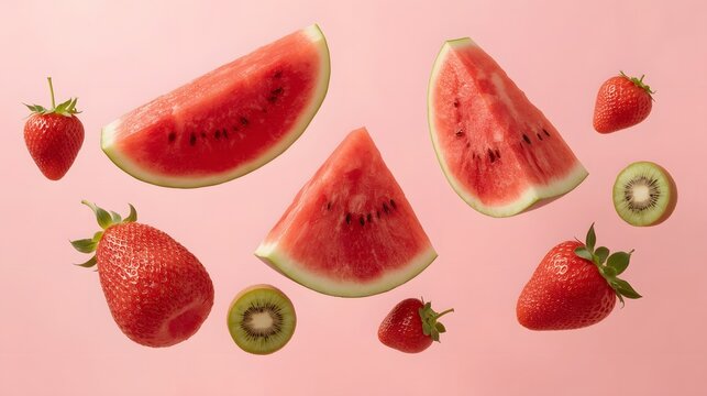 Sliced watermelon whole red strawberries and kiwi fruit halves are scattered across a vibrant pink background