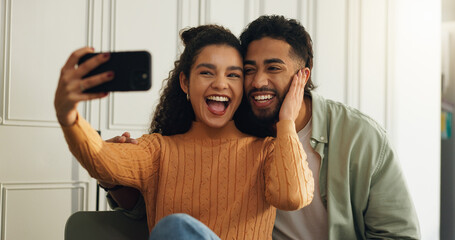 Bonding, couple and selfie in house, laughing and affection for memory on social media and...