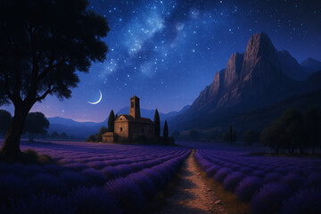 Lavender field church starry night crescent moon mountains