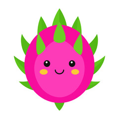 Obraz premium Cute kawaii dragon fruit character with a happy smiling face and green spiky leaves.