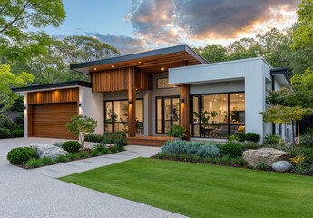 Modern house exterior design with dark brown wood cladding and smooth white walls, front view of the modern single-story two-bedroom home in Australia at night